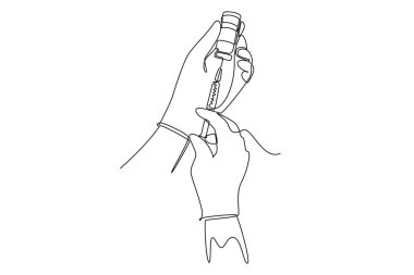 Tek sıra Coronavirus aşısı çizimi. Doktor, hemşire, bilim adamı ampul ve şırınga tutuyor. İlaç ilacını içeren şişe ve ampul. Devamlı çizgi tasarımı grafik vektör illüstrasyonu
