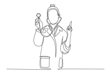 Stetoskop tutan ve hastanede işaret parmağını kaldıran tek sıra güzellik doktoru. Sağlık hizmetleri mükemmeldir. Aralıksız çizgi çizimi tasarım grafik vektör çizimi