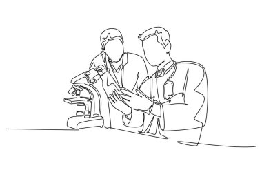 Sürekli çizilen bir çizgi bilim adamı, laboratuvar mikroskobuyla kovid19 aşısını bulmak için kan örneğini analiz ediyor. Tıbbi araştırma koronavirüsü. Tek çizgi çizimi tasarım vektörü grafik çizimi