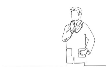 Tek sıra halinde, erkek doktoru düşüncelere daldırmak ve hastayı gözlem aşısıyla tedavi etmek için düşünmek. Tıbbi yenilik kavramı. Bir çizgi çizimi grafik tasarım vektör çizimi