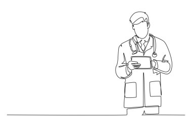 Tek sıra halinde elinde tablet olan ve tıbbi kayıtları inceleyen erkek doktor hastaya ilaç veriyor. Sağlık hizmetleri çalışanı. Bir çizgi çizimi grafik tasarım vektör çizimi