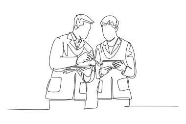 Tek satır halinde akıllı çift doktorları tablet üzerinde hasta kaydını doğru tedaviye taşır. Erkek ve kadın sağlık hizmetleri. Aralıksız çizgi çizimi tasarım grafik vektör çizimi