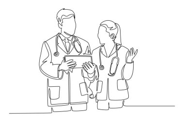 Tek sıra halinde ayakta duran ve tabletle ilgili sağlık konusunu tartışan çift doktor. Erkek ve kadın sağlık hizmetleri. Aralıksız çizgi çizimi tasarım grafik vektör çizimi