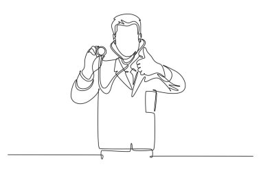 Hastanedeki erkek doktorun steteskop tutarken çekilmiş tek bir çizimi. Sağlık hizmeti mükemmellik konsepti. Aralıksız çizgi çizimi tasarım grafik vektör çizimi