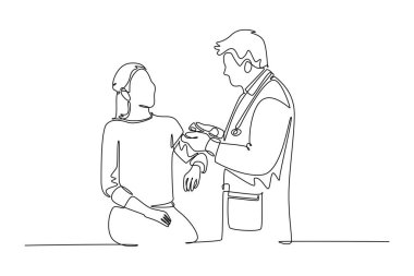 Tek sıra halinde erkek doktor, nabız ve kan basıncını ölçmek için kadın hastayı muayene ediyor. Tıbbi tedavi konsepti. Aralıksız çizgi çizimi tasarım grafik vektör çizimi