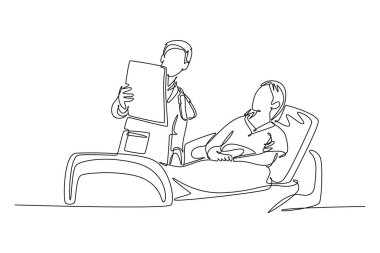 Sürekli çizilen genç doktor çizimleri hastane yatağında yatan kadın hastaya tıbbi kayıtların büyük bir sonucunu gösteriyor. Sağlık hizmetleri. Tek çizgi çizimi tasarım vektörü grafik çizimi