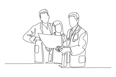 Hastanedeki hastanın röntgen sonuçlarını tartışan ve teşhis eden ekip doktoru çizimleri devam ediyor. Sağlık hizmetleri konsepti. Tek çizgi tasarım vektör grafik çizimi