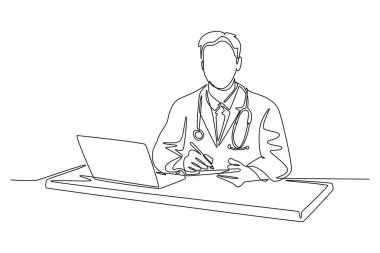 Hastane masasındaki hastaya tıbbi reçete yazan zeki ve yardımsever bir erkek doktor çiziyor. Tıbbi sağlık hizmeti konsepti. Bir çizgi grafik tasarım vektör çizimi