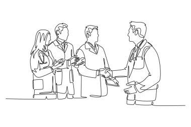 Bir grup doktorun takım çalışmasında elde ettiği başarılar için tebrik eden tek sıra mutlu bir hastane başkanı. Tıp ödülü konsepti. Bir çizgi çizimi grafik tasarım vektör çizimi