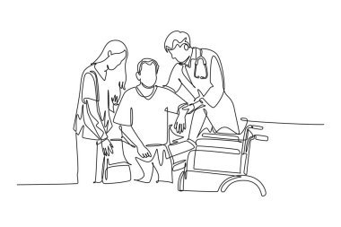 Tek sıra halinde, yardımcı erkek doktor ve hemşirelerin hastaların hastane yatağından tekerlekli sandalyeye kalkmalarına yardım etmesi. Sağlık hizmeti konsepti. Bir çizgi çizimi grafik tasarım vektör çizimi