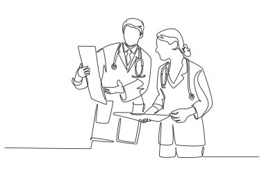 Tek sıra halinde, kadın ve erkek doktorların hastalarının röntgen sonuçlarını tartışıp teşhis etmesi. Tıbbi sağlık hizmeti konsepti. Aralıksız çizgi çizimi tasarım grafik vektör çizimi