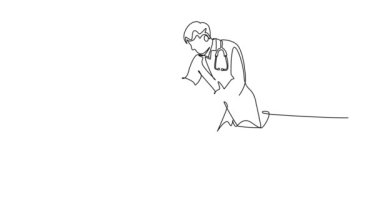 Hastane yatağından tekerlekli sandalyeye kalkmasına yardım eden yardımcı erkek doktor ve hemşirenin tek çizgi çizimi. Sağlık hizmetleri. Devamlı çizgi çekme. Tam uzunluk canlandırması