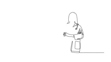 Katlanmış el hareketleriyle bir arada duran genç erkek ve kadın doktorların tek çizgi çizimi. Ekip çalışması sağlık hizmeti. Devamlı çizgi çekme. Tam uzunluk canlandırması