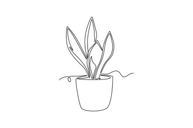 Ev dekorasyonu logosu kimliği için tencereye güzel yılan bitkileri çizmeye devam et. Bitki ikonu için her daim yeşil bitki konsepti. Tek çizgi çizimi tasarım vektörü grafik çizimi