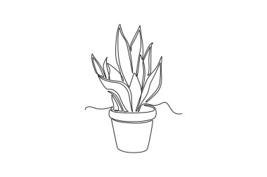 Ev dekorasyonu logosu kimliği için tencereye güzel yılan bitkileri çizmeye devam et. Bitki ikonu için her daim yeşil bitki konsepti. Tek çizgi çizimi tasarım vektörü grafik çizimi
