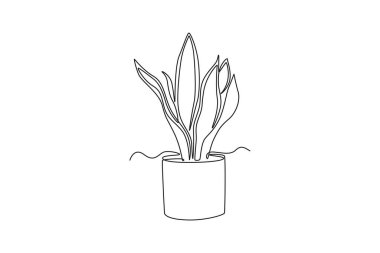 Ev dekorasyonu logosu kimliği için tencereye güzel yılan bitkileri çizmeye devam et. Bitki ikonu için her daim yeşil bitki konsepti. Tek çizgi çizimi tasarım vektörü grafik çizimi
