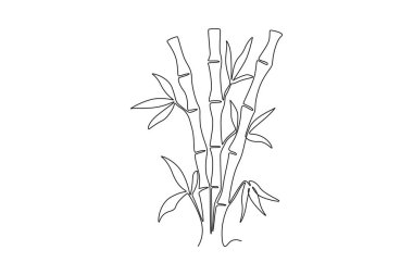 Plantasyon dekorasyon logosu kimliği için bambu ağaçları çizmeye devam ediyor. Bitki ikonu için her daim taze yeşil çiçekli bitki konsepti. Tek çizgi çizimi tasarım vektörü grafik çizimi