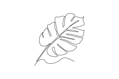 Devamlı bir çizgi halinde canavar yaprağı ikonu çiziyor. Tropik yapraklar çiçek desenli. Ev dekorasyonu duvar kağıdı süsü için basılabilir dekoratif ev bitkisi. Tek çizgi çizimi tasarım vektörü grafik çizimi