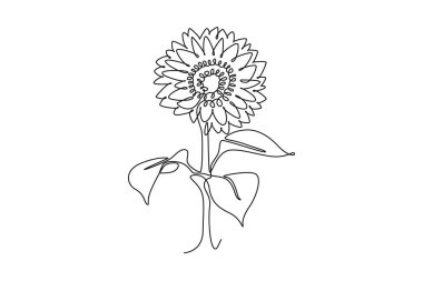 Tek sıra güzellik, bahçe logosu için taze ayçiçeği. Basılabilir dekoratif helianthus yaz çiçeği konsepti duvar dekorasyonu posteri. Aralıksız çizgi çizimi tasarım grafik vektör çizimi