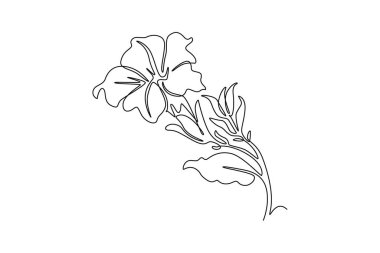 Continuous one line drawing of beauty fresh petunioideae for home wall decor poster. Printable decorative petunia flower for greeting card ornament. Single line draw design vector graphic illustration