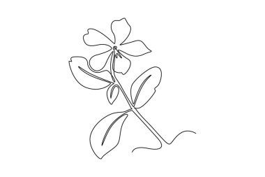 Bahçe logosu için taze menekşe rengi çizen tek sıra. Ev dekorasyonu afişi için basılabilir vinca çiçeği konsepti. Dinamik bir çizgi çizer grafik tasarım vektörü çizer