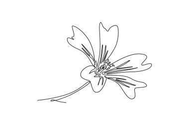 Bahçe logosu için taze mor mallow çizen kesintisiz bir çizgi. Ev dekorasyonu için basılabilir dekoratif Malva Sylvestris çiçeği. Tek çizgi çizimi tasarım vektörü grafik çizimi