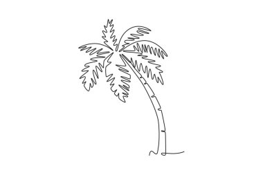 Sürekli bir çizgi halinde hindistan cevizi ağacı logosu çiziyor. Merhaba yaz tebrik kartı için dekoratif Cocos Nucifera palmiyesi. Turizm seyahati kavramı. Tek çizgi çizimi tasarım vektörü grafik çizimi