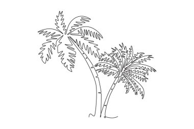 Hindistancevizi ağacı logosu simgesi çizmeye devam et. Dekoratif Cocos Nucifera, plaj palmiyesi aile konsepti merhaba yaz kartpostalı için. Tek çizgi çizimi tasarım vektörü grafik çizimi