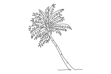 Aralıksız tek çizgi halinde Coco Nucifera. Duvar dekorasyonu poster baskısı için dekoratif hindistan cevizi palmiyesi konsepti tatili turizm kampanyası. Tek çizgi çizimi tasarım vektörü grafik çizimi
