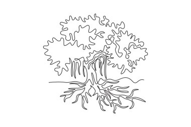 Duvar dekorasyonu için tek sıra halinde gölgeli ve yapraklı banyan ağacı çiziyor. Ulusal park logosu için dekoratif fitil benghalensis bitkisi. Bir çizgi çizimi grafik tasarım vektör çizimi