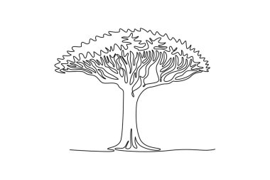 Güzelliği ve egzotik socotra ejderha ağacını çizmeye devam et. Kartpostalı karşılamak için dekoratif şemsiye ağacı. Turizm ve seyahat logosu. Tek çizgi çizimi tasarım vektörü grafik çizimi