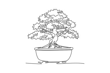 Tek sıra halinde güzel ve egzotik Japon bonsai ağacı çiziyor. Ev dekorasyonu için dekoratif, eski, küçük banyan ağacı konsepti. Modern sürekli çizgi çizimi tasarım grafik vektör çizimi