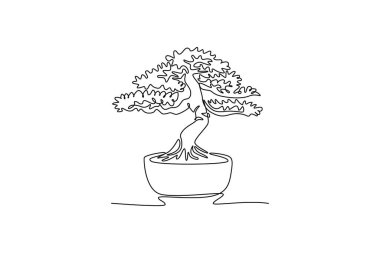 Eski güzelliği ve büyüleyici küçük bonsai ağacı logosunu çizmeye devam et. Kartpostal basımı için dekoratif saksı bükme bitkisi. Tek çizgi çizimi tasarım vektörü grafik çizimi