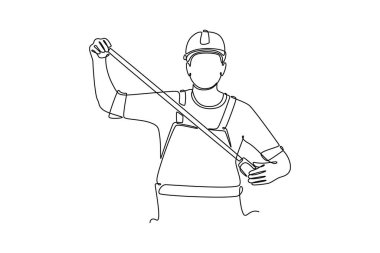 Sürekli bir çizgi müteahhit ya da marangoz miğfer takıyor ve ölçü bandı tutuyor. İnşaat veya yenileme hizmetleri. Tek çizgi çizimi tasarım vektörü grafik çizimi