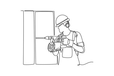 Tek sıra halinde, kask takan ve üniformalı işçi matkap kullanarak ahşap duvarı delmeye devam ediyor. Ev bakımı hizmeti konsepti. Tek çizgi çizimi tasarım vektörü grafik çizimi