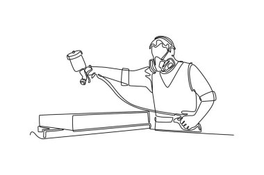 Tek sıra halinde, kask takmış ve ahşap tahtayı boya spreyiyle boyayan genç marangoz işçileri çiziyor. Bina yenileme hizmetleri. Tek çizgi çizimi tasarım vektörü grafik çizimi