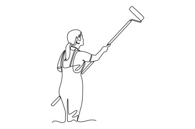 Duvarın içini boyamak için paten fırçası tutan tek sıra halinde kadın işçiyi geriye doğru çekiyor. Tulum giyen profesyonel bir kadın ressam. Bir çizgi çizimi grafik tasarım vektör çizimi