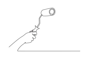 Genç marangozun boya rulosuyla duvarları boyadığı tek sıra. Tamirci duvar dekorasyonu servis konsepti. Dinamik bir çizgi çizer grafik tasarım vektörü çizer