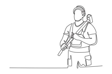 Tek sıra halinde, yüksek binaları onarmak için elinde balyoz tutan genç inşaat işçisi. İnşaatçı ve çekiç olay yerinde çalışıyor. Modern sürekli çizgi çizimi tasarım grafik vektör çizimi