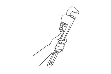 Tek sıra, paslanmaz çelik boru anahtarını yukarı çeken tesisatçı erkek. Sızıntıları önlemek ya da düzeltmek için tamirci aletleri. Modern sürekli çizgi çizimi tasarım grafik vektör çizimi