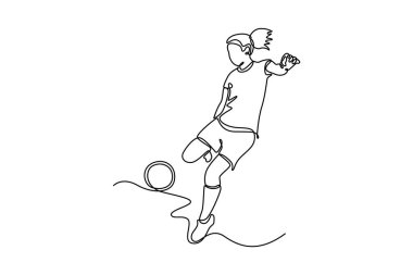 Ulusal stadyumda gol atmak için güzel bir bayan futbolcunun topa vurduğu bir çizgi devam ediyor. Futbol spor müsabakası. Tek çizgi çizimi tasarım vektörü grafik çizimi