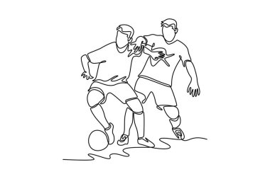 Tek sıra halinde iki futbolcu defans oyuncusu ve orta saha oyuncusu futbol ligi şampiyonasında bir top için dövüşüyor. Spor konsepti. Bir çizgi çizimi tasarım vektörü illüstrasyonu