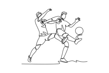 Tek sıra halinde iki genç futbolcu defans oyuncusu ve top için ulusal stadyumda düello yapıyor. Futbol ligi yarışması. Dinamik bir çizgi çizer grafik tasarım vektörü çizer