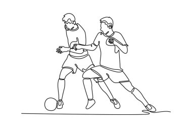 Genç enerjik futbolcuyu ileri çeken tek bir çizgi rakip defansı geçmeye ve topu kaleye taşımaya çalışıyor. Futbol maçı sporları. Bir çizgi çizimi grafik tasarım vektör çizimi