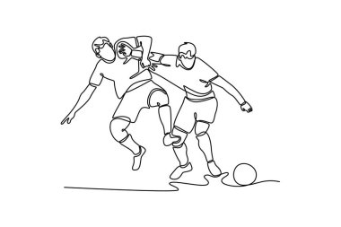 Sürekli tek çizgi halinde iki rekabetçi enerjik futbolcuyu maç maçında top için dövüştürüyor. Futbol ligi müsabakası. Dinamik bir çizgi çizer grafik tasarım vektörü çizer