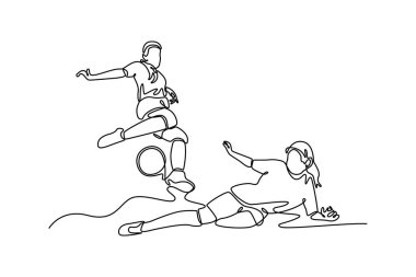 Tek sıra halinde güzel, agresif bayan futbolcu defans oyuncusu rakibinden topu kapmaya çalışıyor. Futbol müsabakası. Aralıksız çizgi çizimi tasarım grafik vektör çizimi