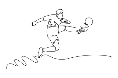 Bisiklet tekmesi atan aktif erkek futbolcunun tek çizgi çizimi. Futbol müsabakası spor konsepti. Modern sürekli çizgi çizimi tasarım grafik vektör çizimi