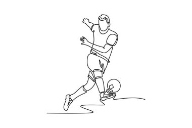 Tek çizgi çizen erkek futbolcu gol atmak için ilk tekme tekniğini kullanır. Futbol ligi yarışması ya da spor maçı konsepti. Aralıksız çizgi çizimi tasarım grafik vektör çizimi