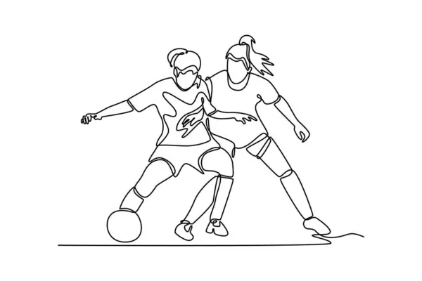Tek sıra halinde iki güzel bayan futbolcuyu maç maçında top için dövüştürüyor. Kadınlar futbol ligi müsabakası. Dinamik bir çizgi çizer grafik tasarım vektörü çizer