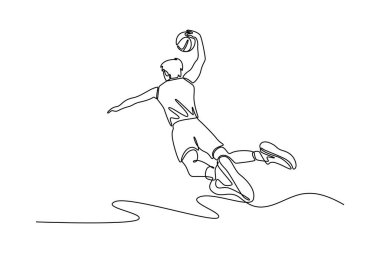 Profesyonel basketbolcuların atlama ve oyun sahasında antrenman yaparken smaç basışlarını sürekli olarak arka plana çeken bir çizgi. Tek çizgi çizimi tasarım vektörü grafik çizimi